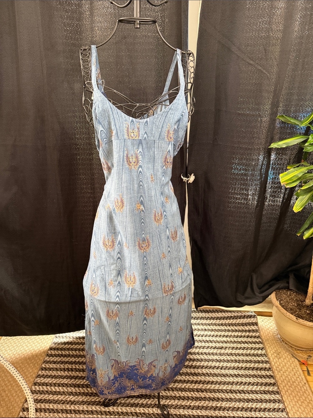 Cotton Light Blue Strappy Maxi Dress with Floral Border